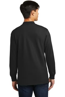 A black mock turtleneck shirt with long sleeves, featuring a logo, viewed from the back.