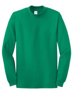 A green long-sleeve mock turtleneck shirt with a plain design and a label tag inside.