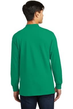 A green mock turtleneck shirt with long sleeves, viewed from the back. Features a logo.