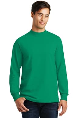 A green mock turtleneck shirt with long sleeves, featuring a logo on the front.