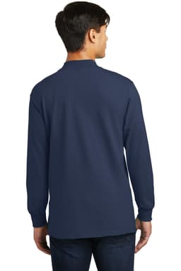 A mock turtleneck shirt in navy blue, featuring long sleeves and a simple design. The back view is shown.