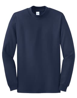 A navy mock turtleneck shirt with long sleeves. It features a tag and has branding present.