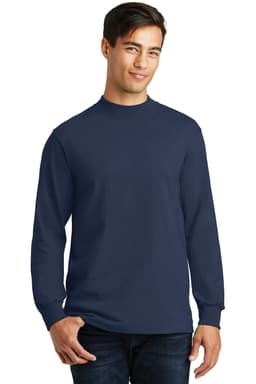 A navy blue mock turtleneck shirt with long sleeves, featuring a logo on the fabric.