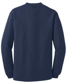 A navy blue mock turtleneck shirt with long sleeves, featuring a simple design and a logo on the back.