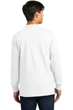 A man wearing a plain white long-sleeve mock turtleneck shirt, viewed from the back. The shirt has a logo.