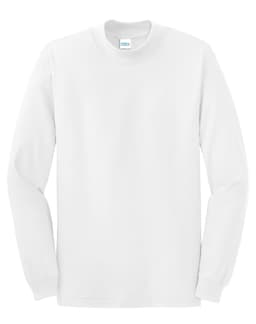 A white mock turtleneck shirt with long sleeves and a label at the neckline.