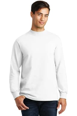 A white long-sleeved mock turtleneck shirt worn by a model, featuring a simple design and a logo.