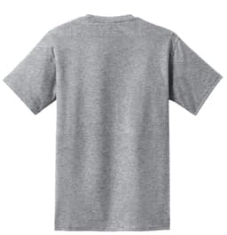 A grey essential pocket tee with short sleeves and a back view, featuring a logo.