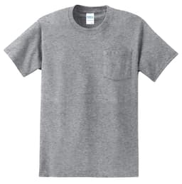 A grey t-shirt featuring a front pocket and a brand logo on the neck label.