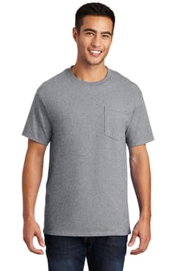 A man wearing a grey t-shirt with a pocket, featuring a logo on the upper left side.