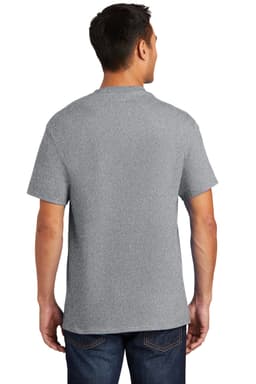 A man wearing a short-sleeve grey T-shirt, viewed from the back, paired with dark jeans. The shirt features a logo.