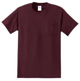 A burgundy t-shirt with a pocket, featuring a logo on the label. Suitable for casual wear.