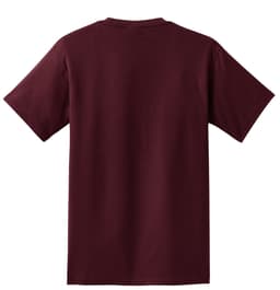 A maroon T-shirt featuring a simple, unbranded design and short sleeves.