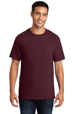 A maroon short-sleeve t-shirt featuring a front pocket and a plain design. The model is wearing denim jeans.
