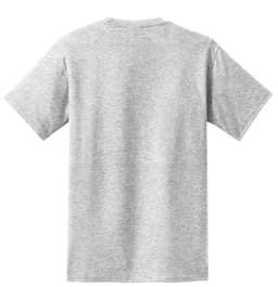 A grey T-shirt featuring a rear view with short sleeves and a plain design, including a logo.