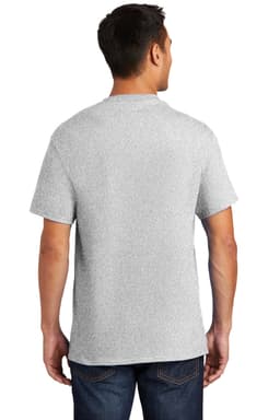 A grey short-sleeve t-shirt with a pocket, featuring a branding logo, viewed from the back.