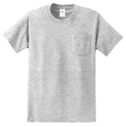 A grey pocket T-shirt with a classic crew neckline and short sleeves. It features a logo on the label.