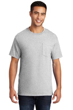 A man is wearing a light grey pocket t-shirt with short sleeves. The shirt features a small pocket on the front.