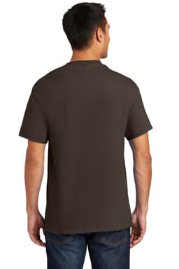 A man wearing a brown short-sleeved T-shirt from the back, paired with blue jeans. The shirt features a logo.