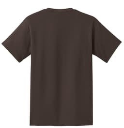 A dark brown T-shirt with short sleeves and a plain back, featuring a logo on the label.