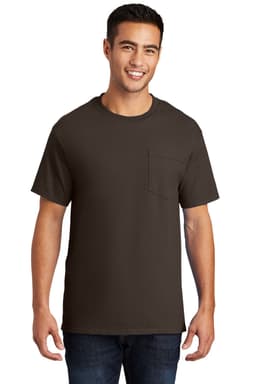 A man wearing a brown t-shirt with a pocket, featuring logos on the garment.