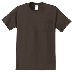 A brown T-shirt featuring a pocket and a small logo on the label. Suitable for casual wear.