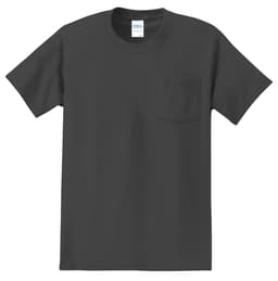A dark grey t-shirt featuring a pocket on the left side and a simple design. It includes a logo on the label.