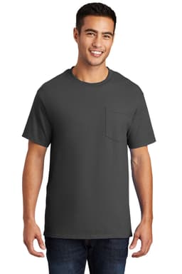 A man wearing a dark grey t-shirt with a chest pocket, featuring a branding logo.
