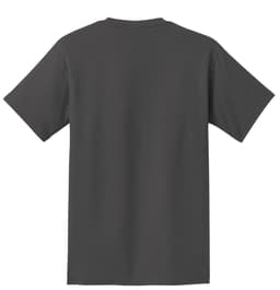 A grey t-shirt with a classic crew neck and short sleeves, featuring a plain back and a logo.
