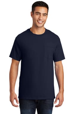A navy blue essential pocket T-shirt on a male model, featuring a logo.
