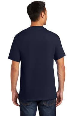 A navy blue short-sleeve T-shirt with a logo on the back, viewed from behind, on a model wearing jeans.