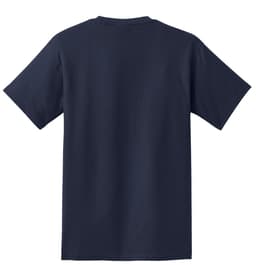 A navy blue T-shirt featuring a simple design and a logo on the back. Short sleeves and a relaxed fit.