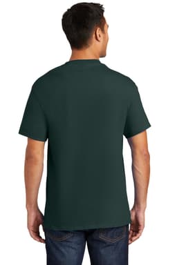 A back view of a dark green t-shirt featuring a pocket and a logo. The model is wearing jeans.