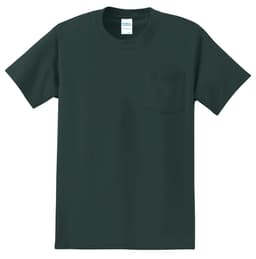 A dark green essential pocket tee with short sleeves and a chest pocket. Features a logo on the label.