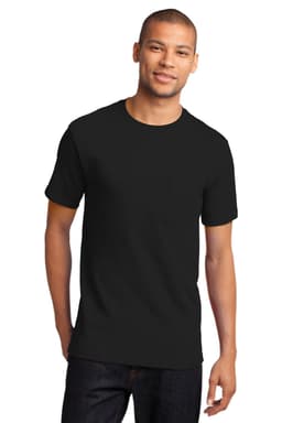 A man wearing a black short-sleeve T-shirt with a pocket, paired with dark jeans. The shirt has a logo.