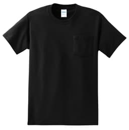 A black t-shirt featuring a pocket on the left chest, with a logo on the neckline.