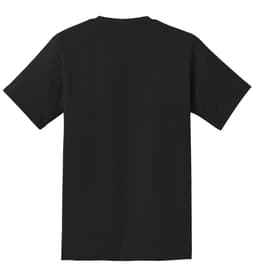 A black t-shirt featuring a plain back design, made from cotton with a pocket on the front. It has a logo.