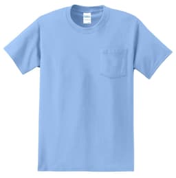 A light blue T-shirt with a pocket on the left chest, featuring a logo on the label.