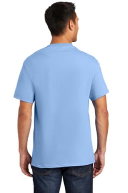 A light blue men's T-shirt with short sleeves, featuring a plain back and a logo on the collar.