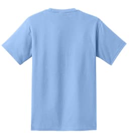 A light blue t-shirt with a crew neck and short sleeves, featuring a branding logo on the back.