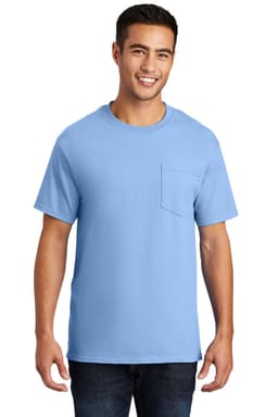 A man wearing a light blue t-shirt with a pocket, featuring a logo on the shirt.