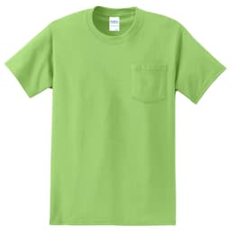 A green short-sleeved pocket T-shirt with a simple design and branding label.