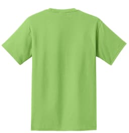 A green t-shirt featuring a plain back design, designed as an essential pocket tee. It has a logo on the label.