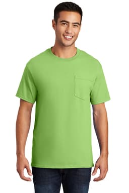 A green essential pocket t-shirt for men, featuring a chest pocket and short sleeves. It has a logo on the shirt.