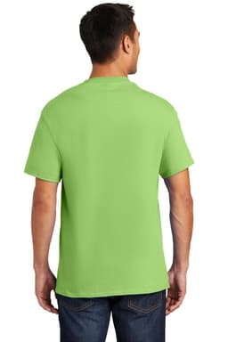 A green t-shirt with a pocket displayed from the back, featuring a logo on the exterior.