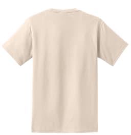 A beige t-shirt with short sleeves and a standard fit. The shirt features a logo on the back.
