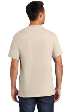 A man wearing a beige short-sleeved T-shirt, viewed from the back. The shirt features a pocket and branding.