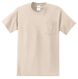 A beige T-shirt featuring a chest pocket and a logo on the neckline. Suitable for casual wear.