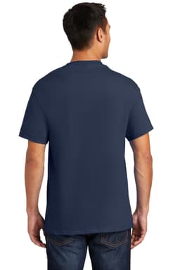 A navy blue short-sleeve t-shirt with a pocket, featuring a logo at the chest.