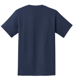 A navy blue T-shirt featuring a pocket, shown from the back, with a logo present.
